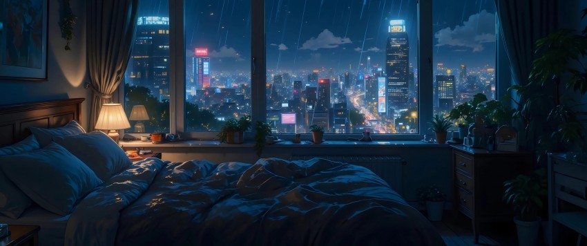 房间温馨卧室 台灯 城市夜景 雨 窗景 3440x1440带鱼屏壁纸