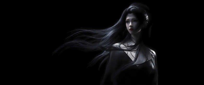  暗黑女神 长发 黑色背景 3440x1440带鱼屏壁纸