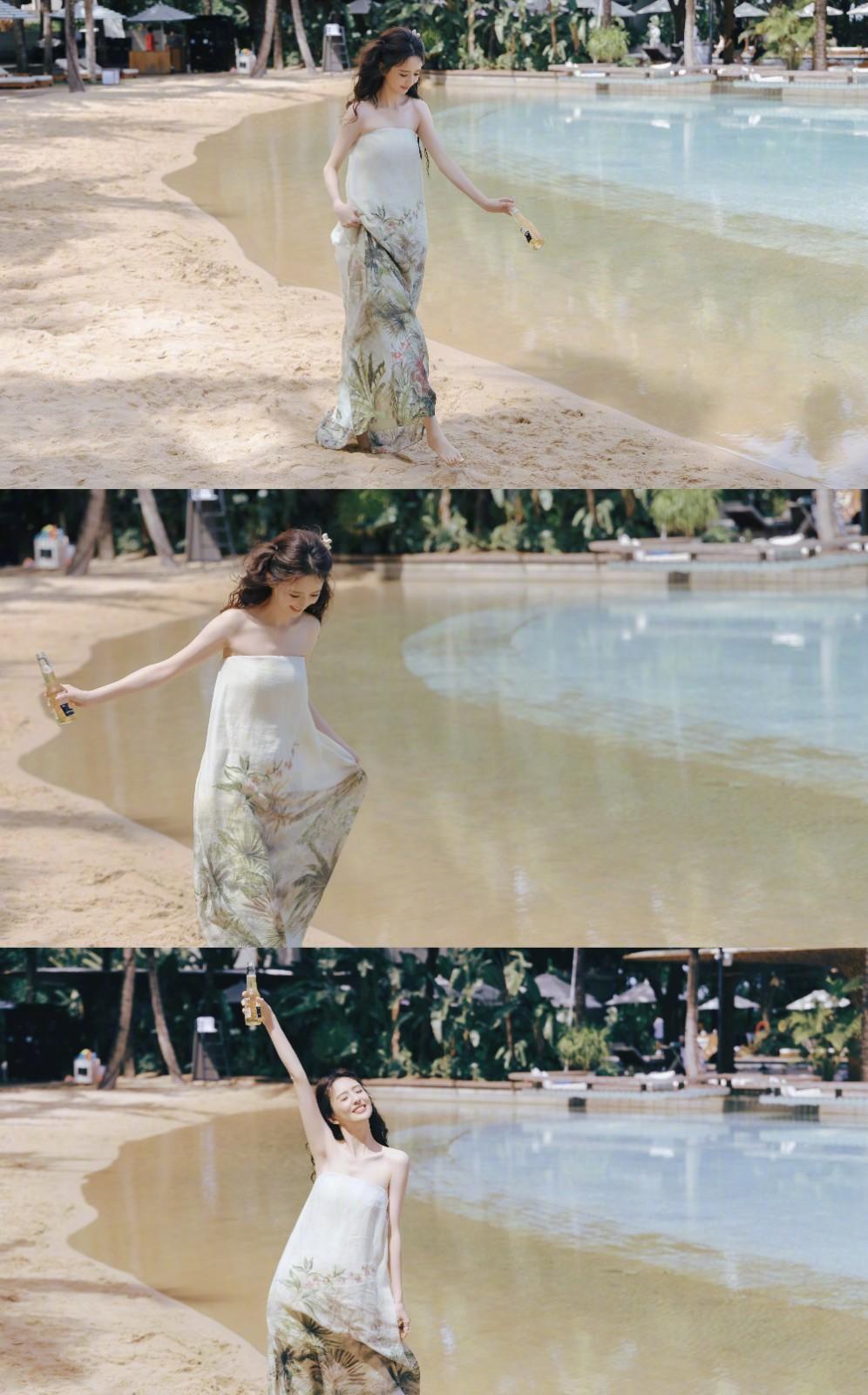 阳光，沙滩，椰树林，佟丽娅假日海边抹胸 裙穿搭优雅写真大片