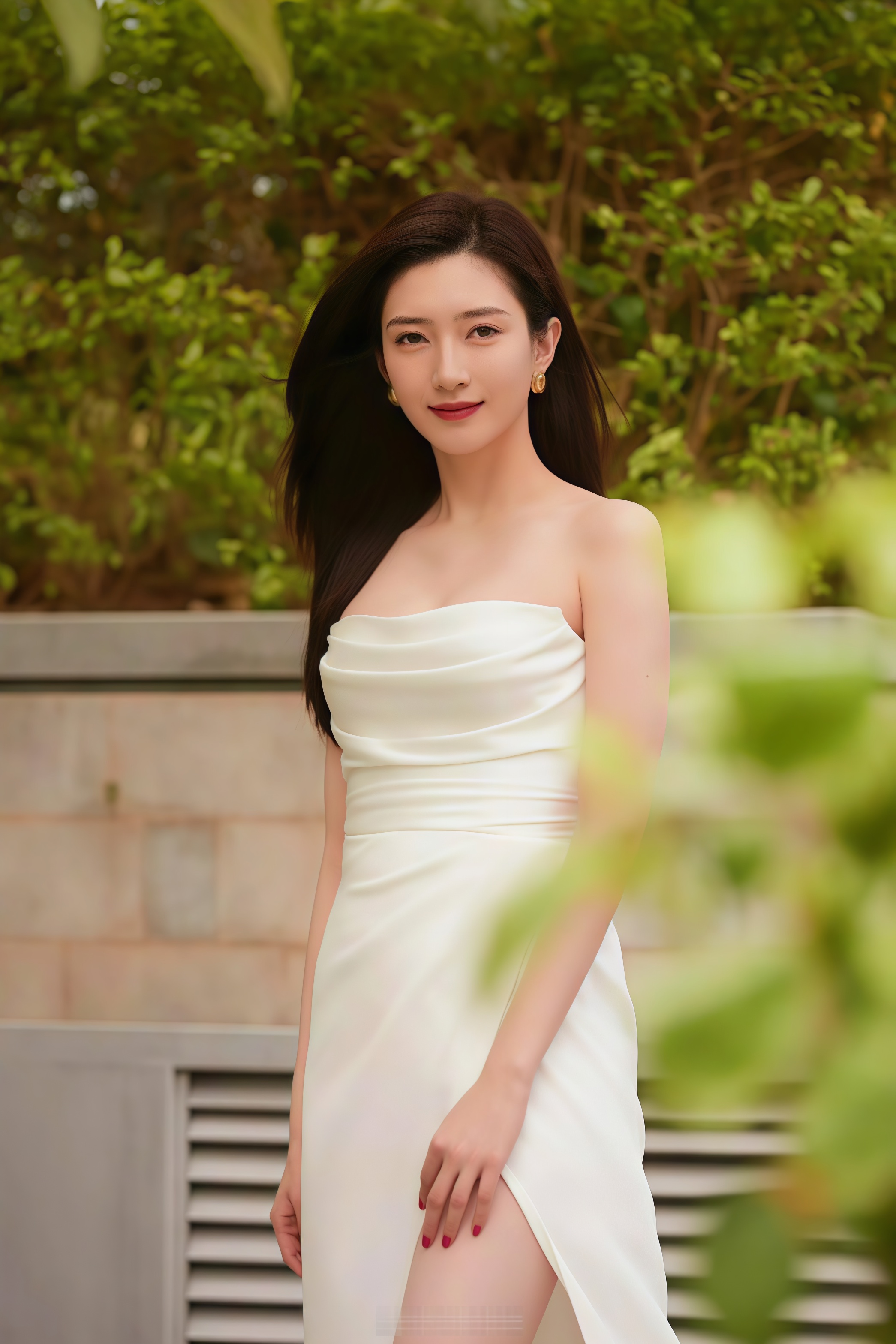 江疏影开叉白裙，露优越长腿优雅性感超吸睛