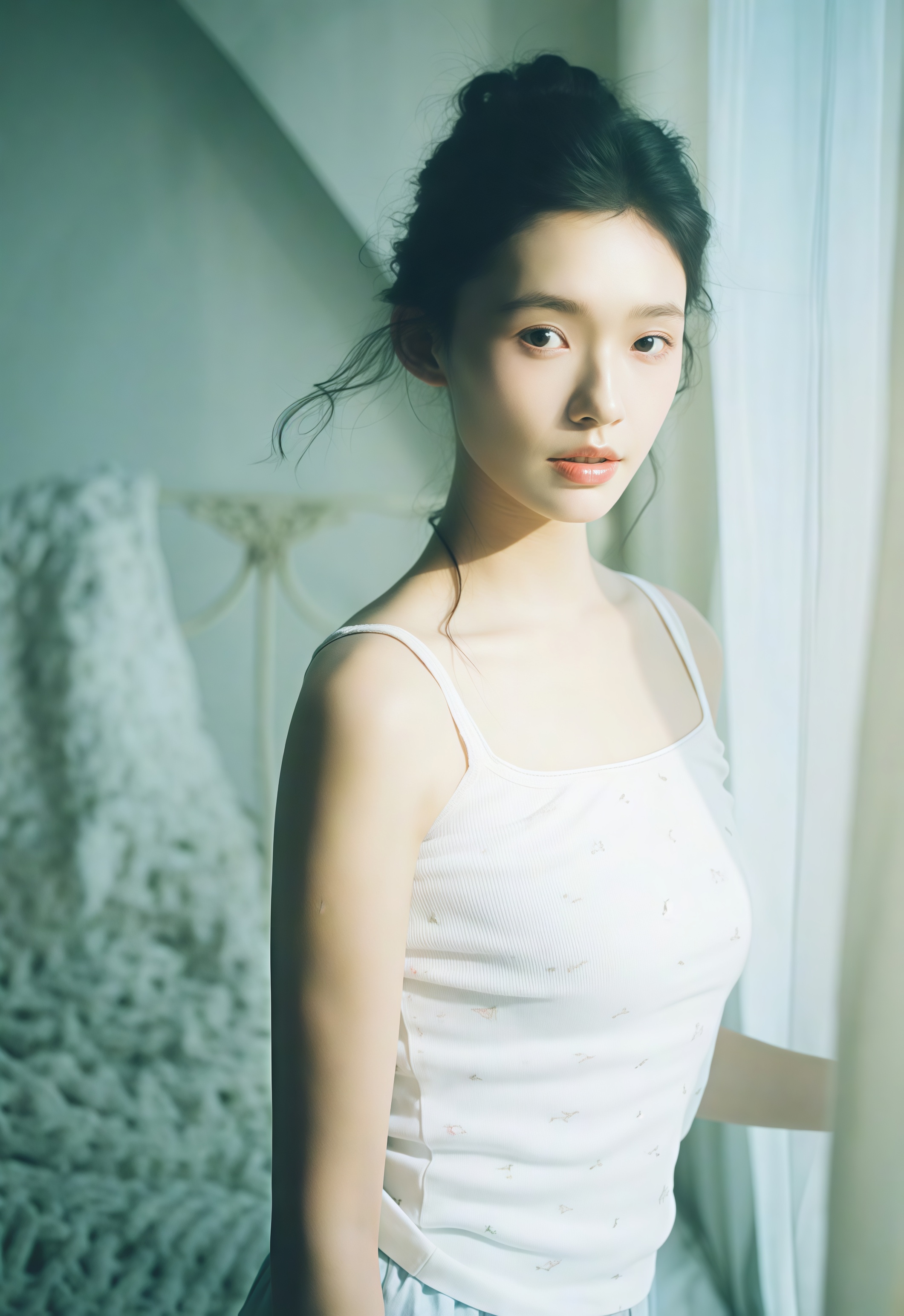 林允吊带丸子头造型宛如清爽小白花，小说里的邻家少女有脸了