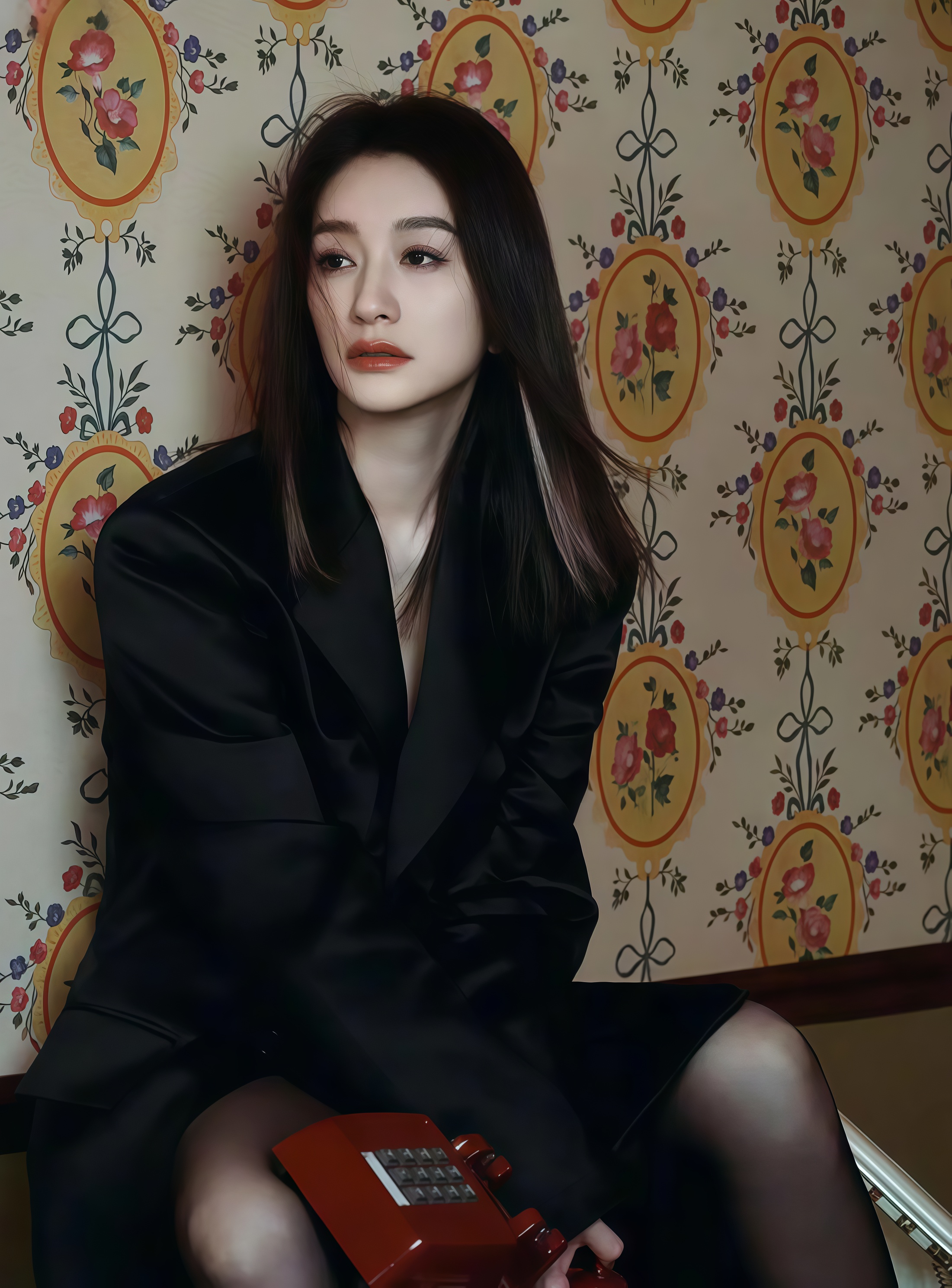 49岁李小冉穿黑丝，缎面西装裙展现修长美腿