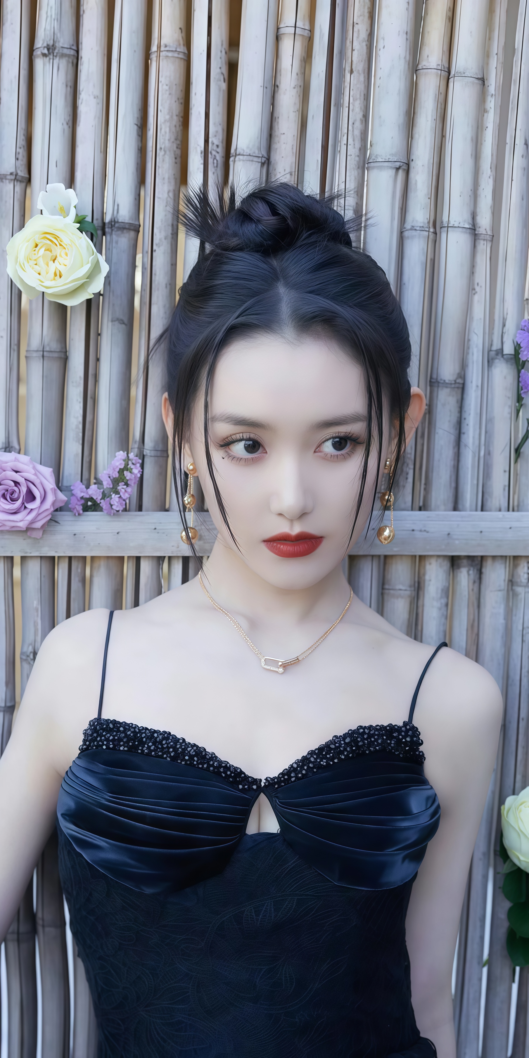 蒋依依黑裙红唇,户外场景勾勒身材优势时尚