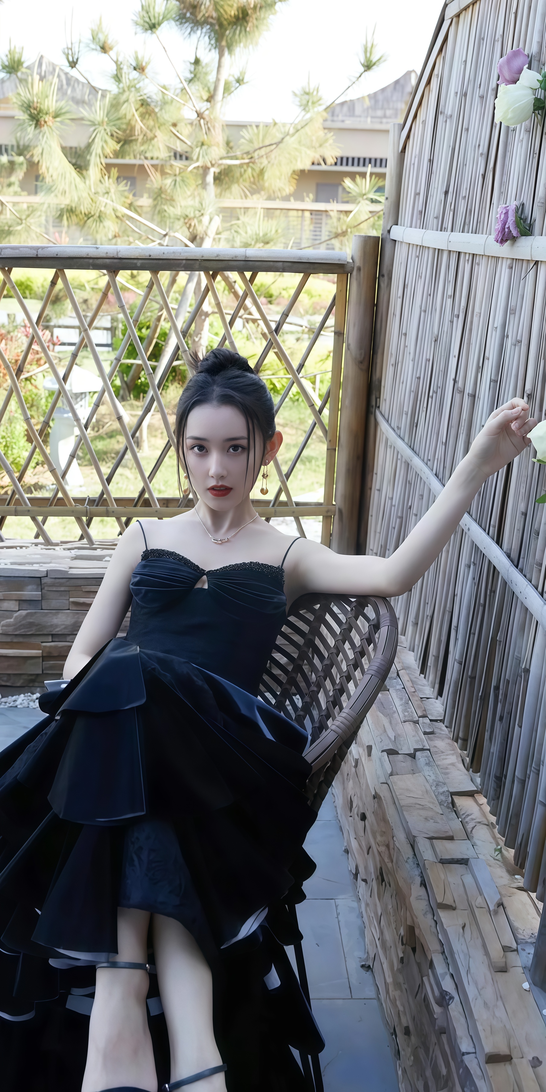 蒋依依黑裙红唇，户外场景勾勒身材优势时尚