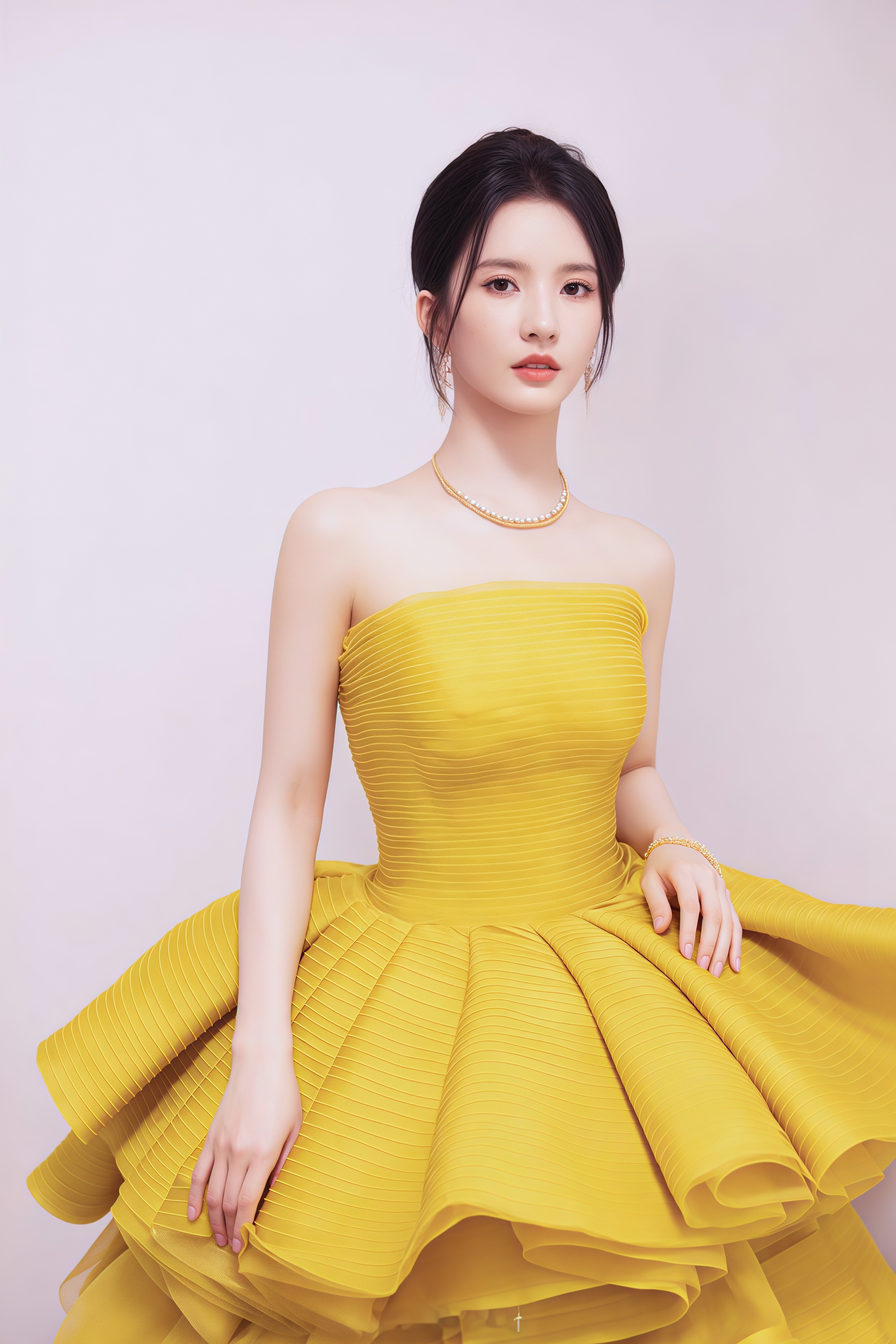 刘些宁红毯闪耀,明黄抹胸裙绽女人味,层叠裙摆超吸睛