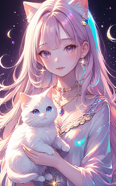 猫耳少女手机壁纸｜星空白猫背景图片 – 梦幻插画-达人圈壁纸