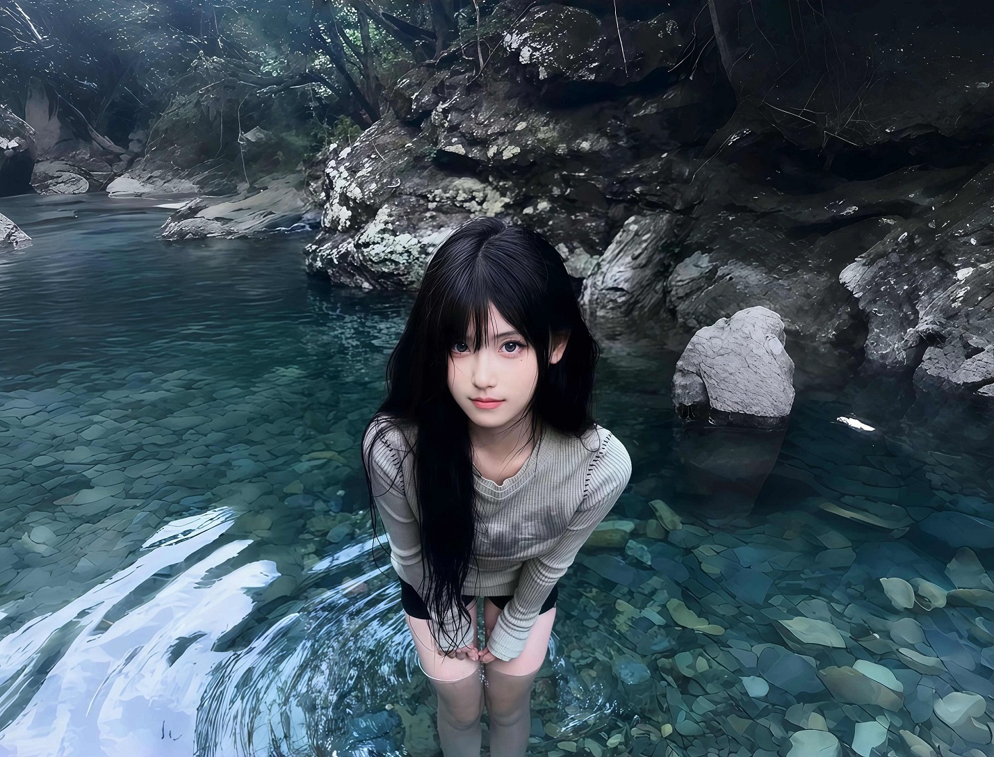 4k溪中美女壁纸｜山间溪流背景图片 – 清凉玩水-达人圈壁纸