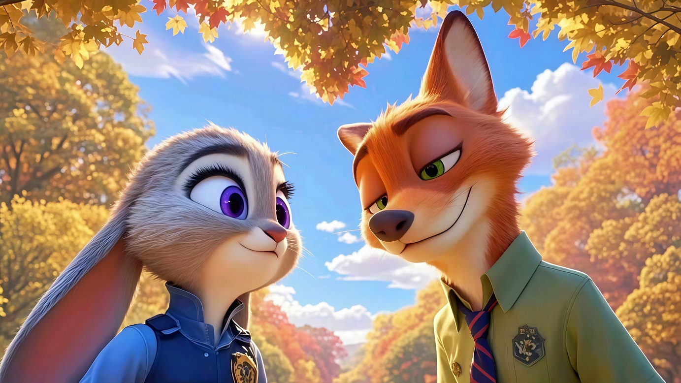 4k疯狂动物城壁纸｜秋天森林 – 尼克朱迪-达人圈壁纸