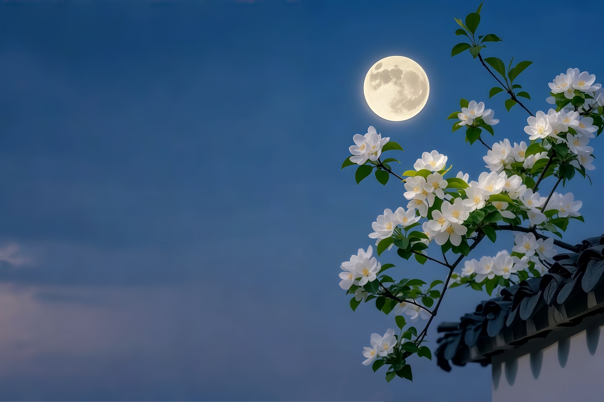 4k月亮海棠花壁纸｜围墙白花背景 – 夜空-达人圈壁纸