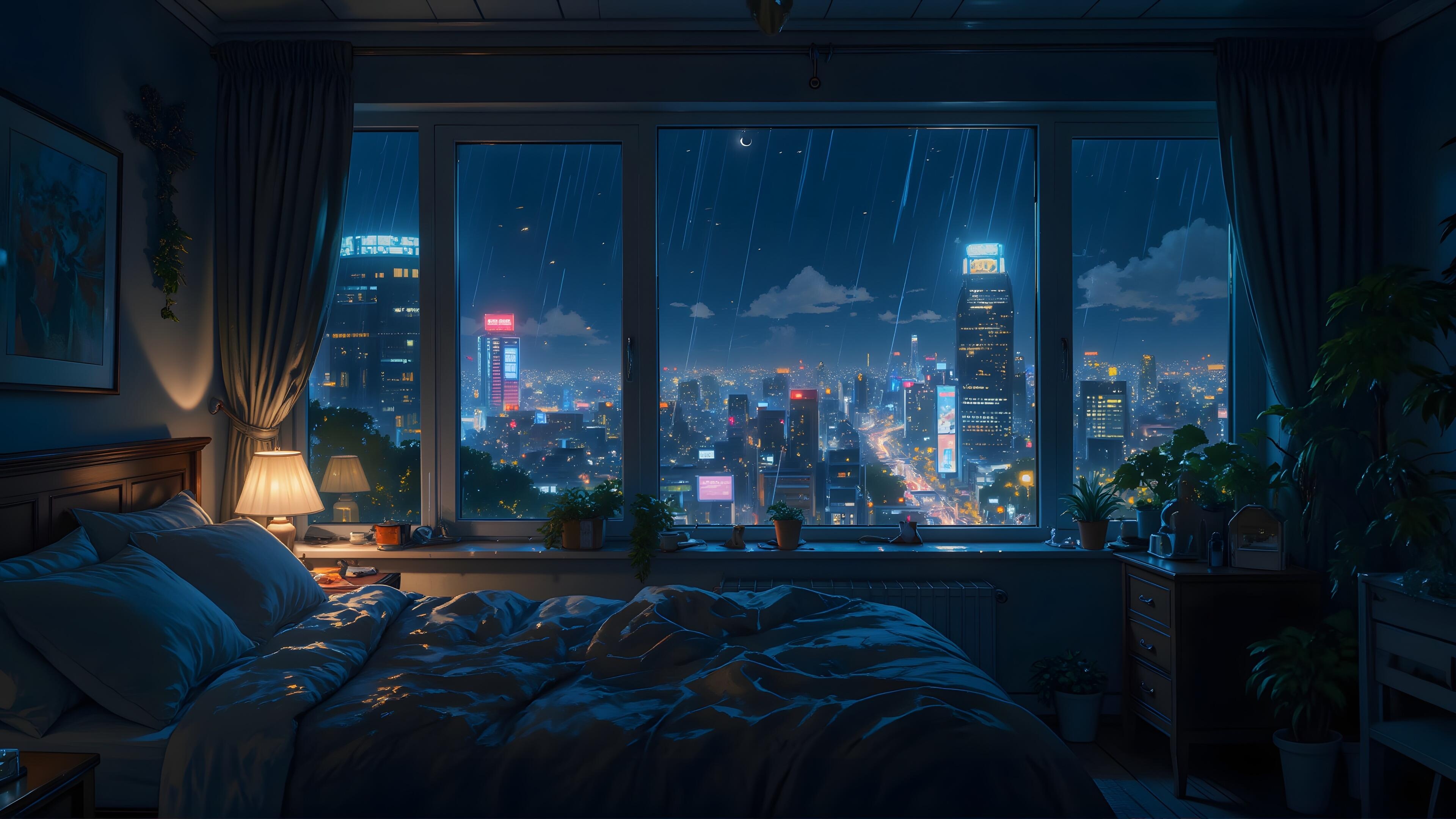 4k温馨卧室壁纸｜城市夜景背景图片 – 雨夜窗景-达人圈壁纸
