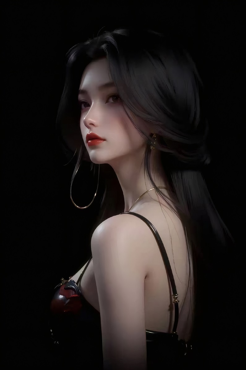 AI生成黑发红唇御姐 吊带装冷艳美女壁纸-达人圈壁纸