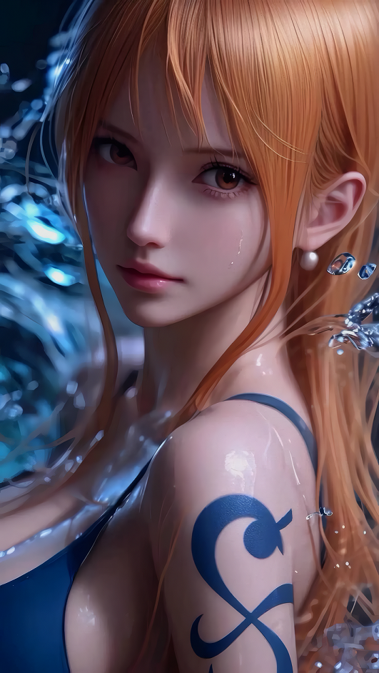 海贼王娜美AI水感壁纸 蓝色泳衣纹身动漫角色-达人圈壁纸