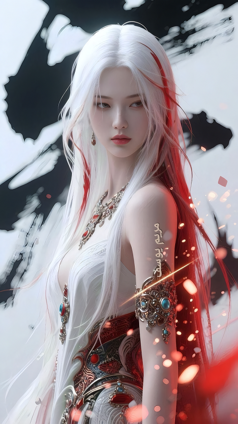 白发红挑染古风华丽服饰少女-疑似AIGC创作-达人圈壁纸