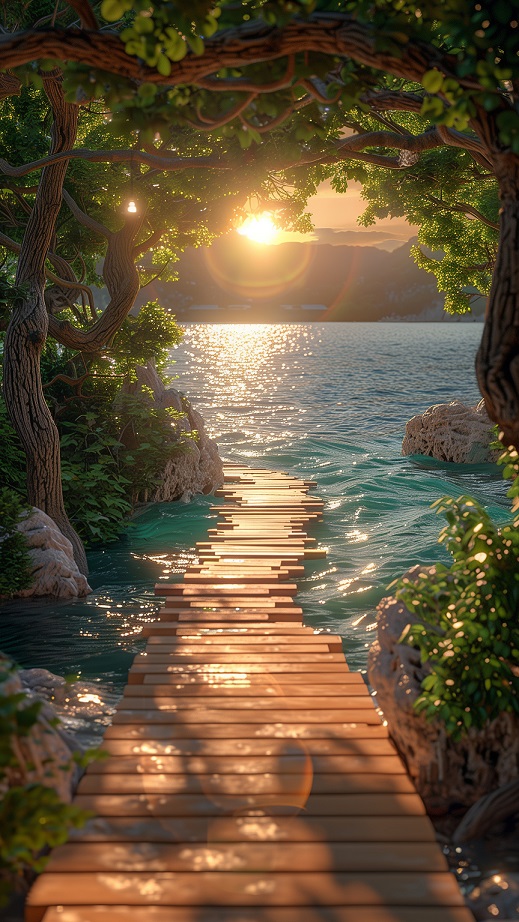 通往海上的木头走道，以及藤蔓长廊唯美意境景色手机壁纸图片-达人圈壁纸