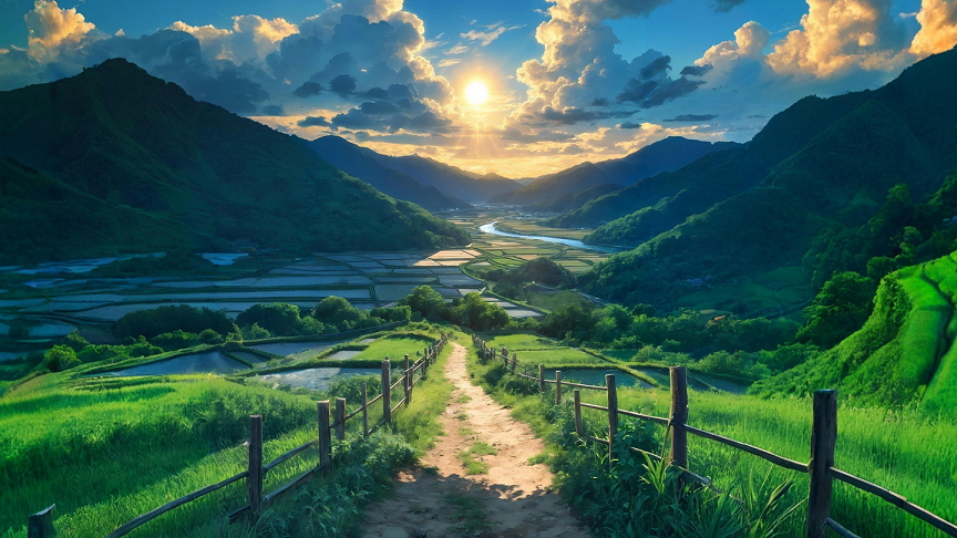 4k乡间小路壁纸｜山间阳光背景图片 – 田野