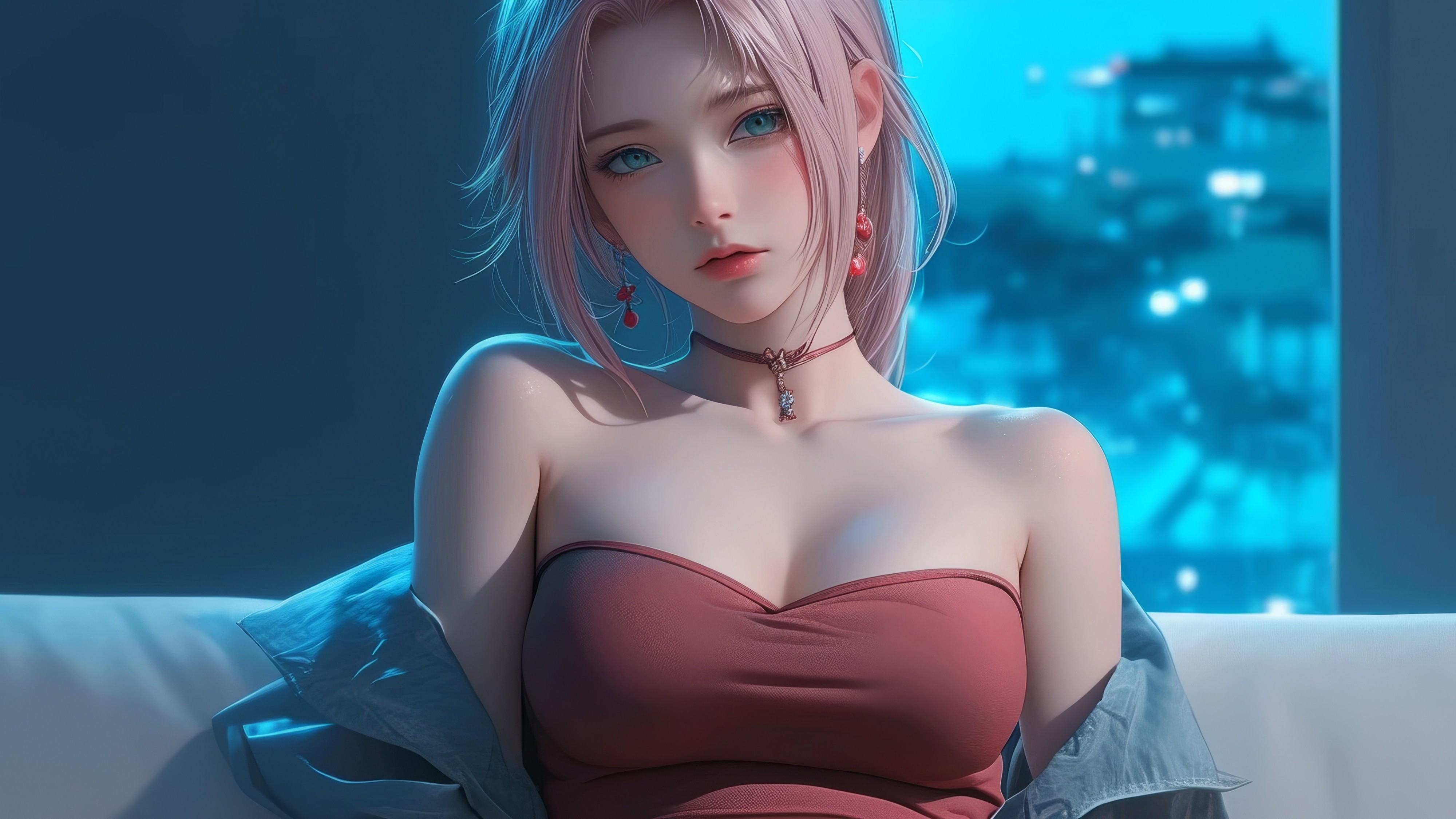 4k粉发少女壁纸｜城市夜景背景图片 - 动漫美女-达人圈壁纸