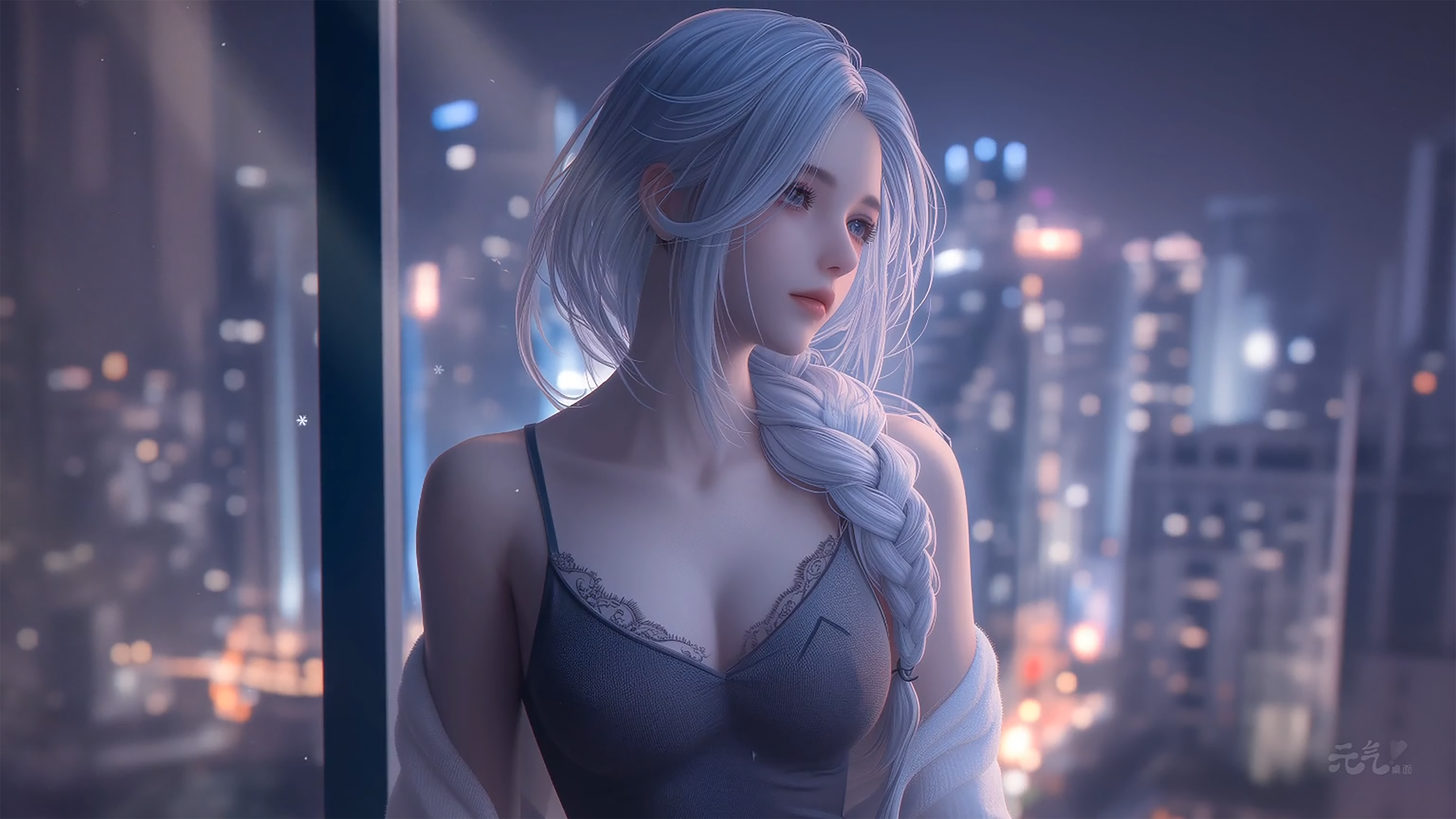 4k纯欲风壁纸｜都市夜景背景图片 - 白发少女-达人圈壁纸