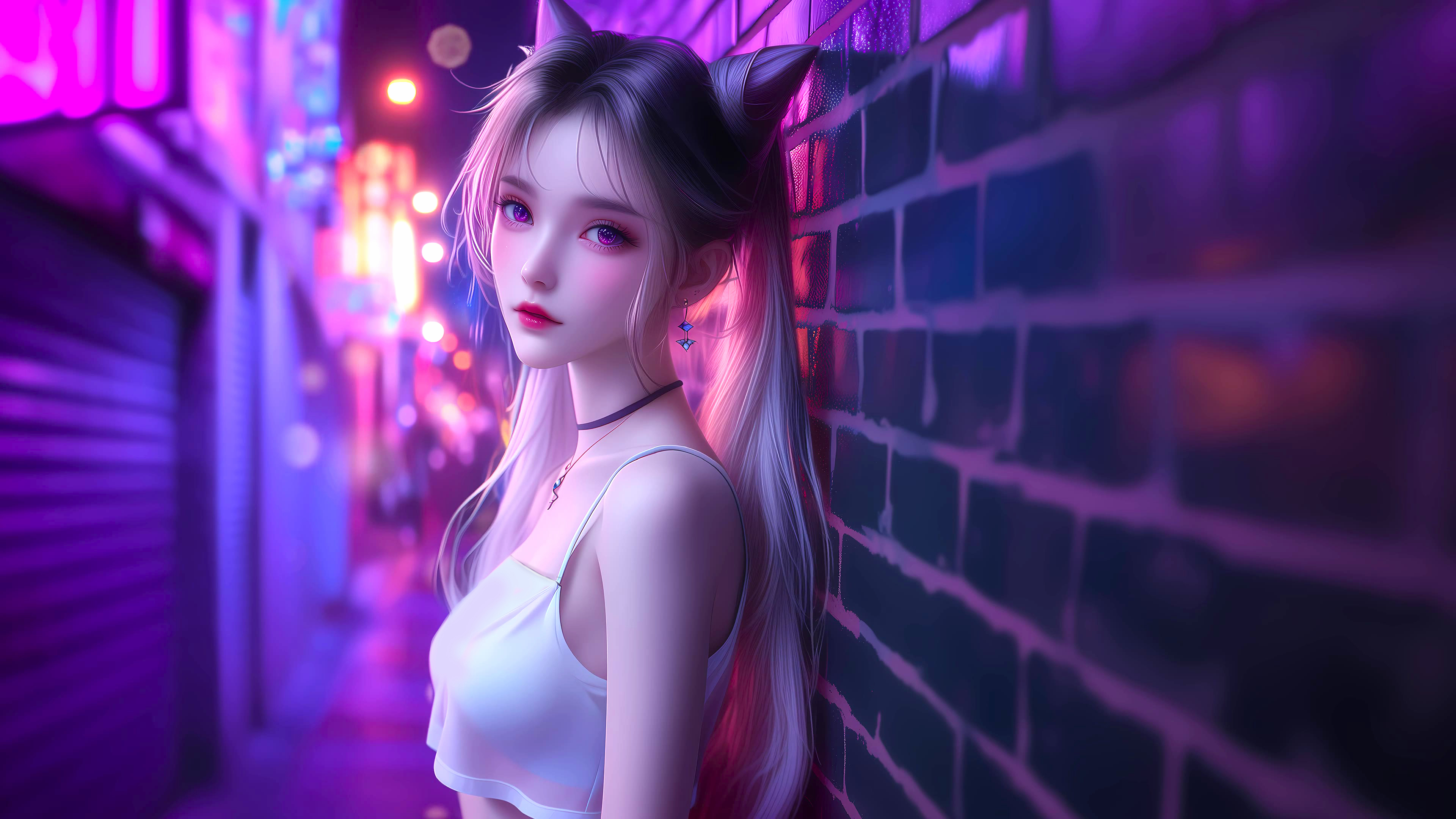 4k双马尾美女｜霓虹小巷背景图片 – 潮流风-达人圈壁纸