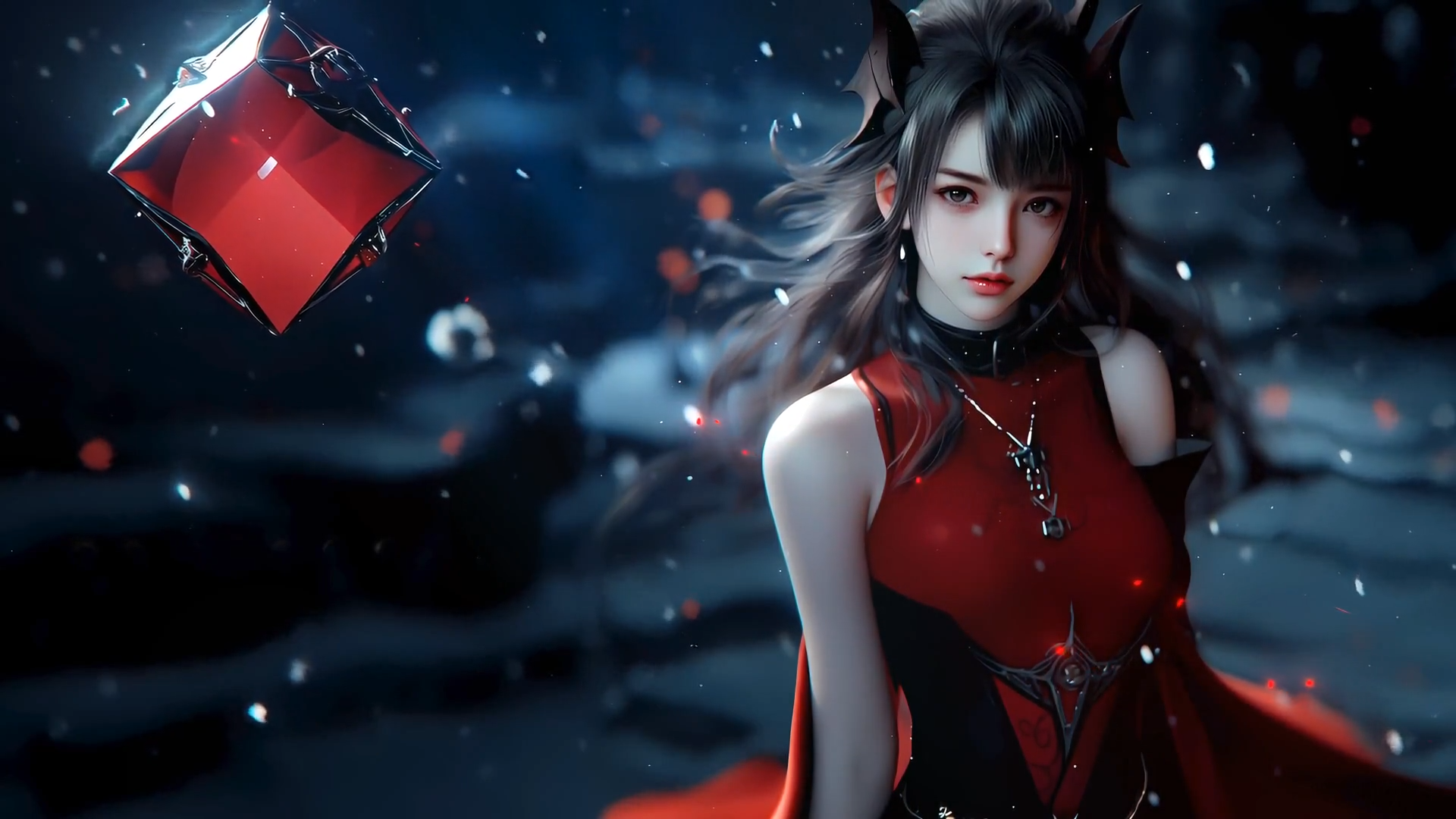 2k兽耳娘壁纸｜红色立方体背景图片 – 冷艳美女-达人圈壁纸