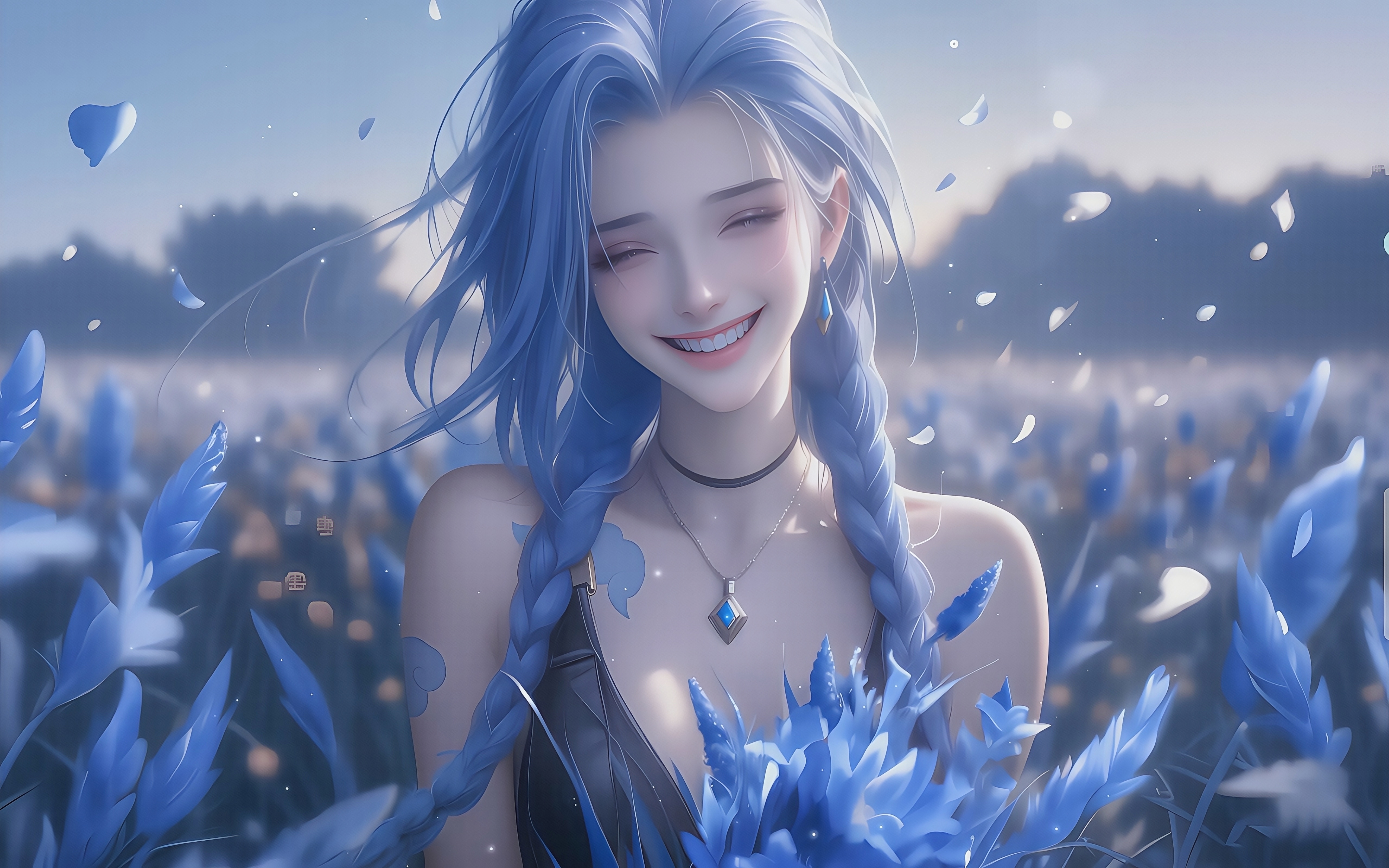 5k金克丝壁纸｜蓝发美女在蓝花中微笑图片-达人圈壁纸