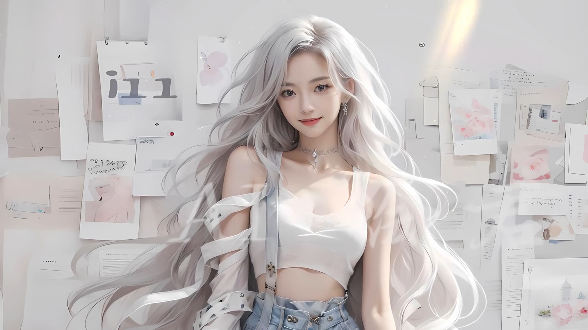 2k(银发壁纸｜贴纸墙背景图片 – 背带裤美女)-达人圈壁纸