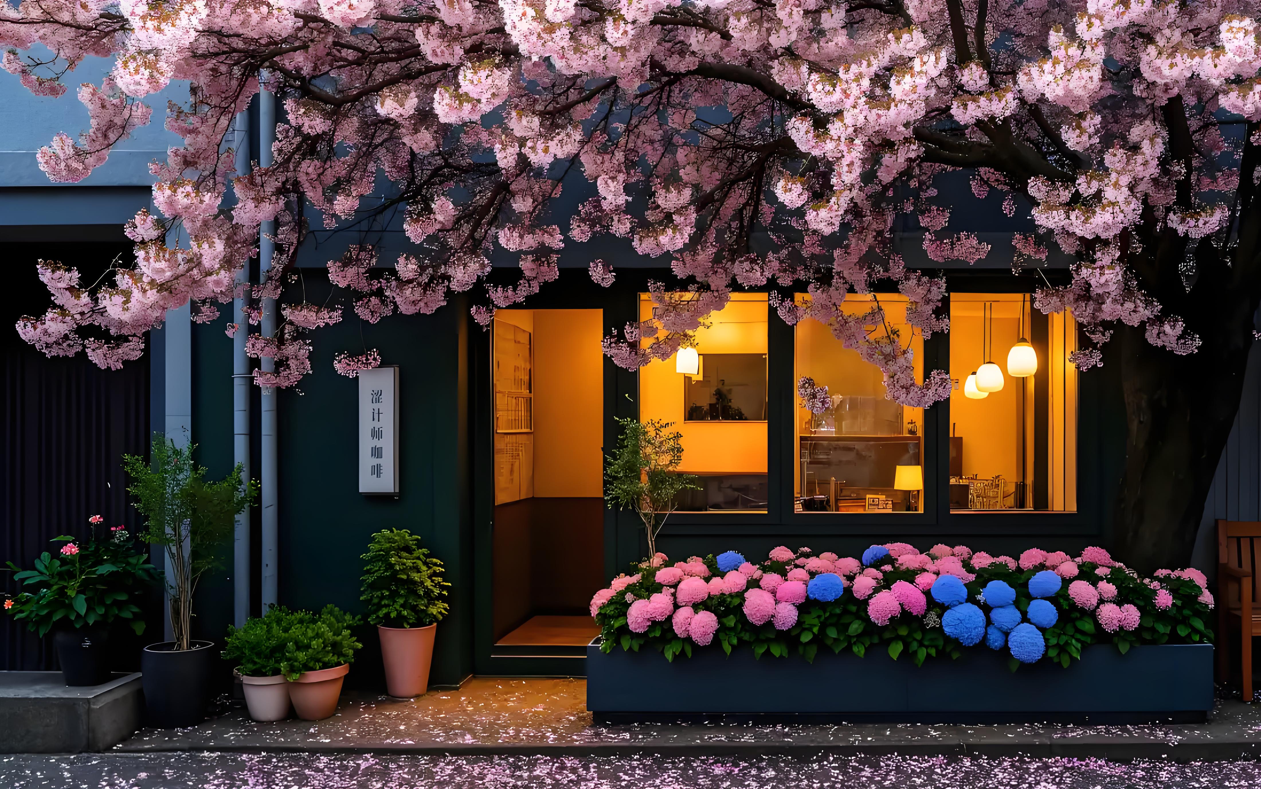 4k咖啡店樱花树日系街道壁纸｜樱花洒落 – ins风-达人圈壁纸