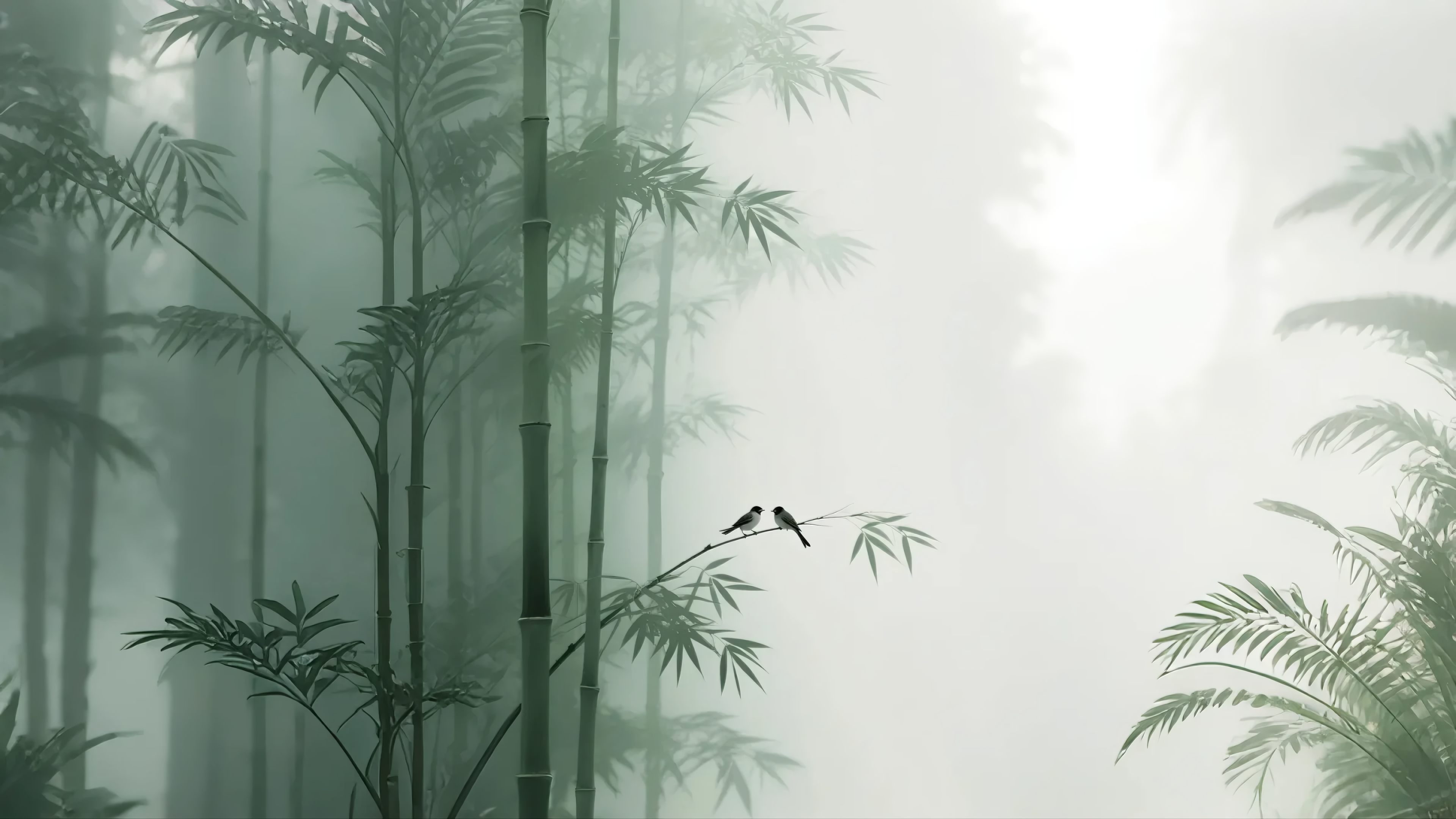 4k竹林壁纸｜国风水墨背景图片 – 小鸟栖息-达人圈壁纸