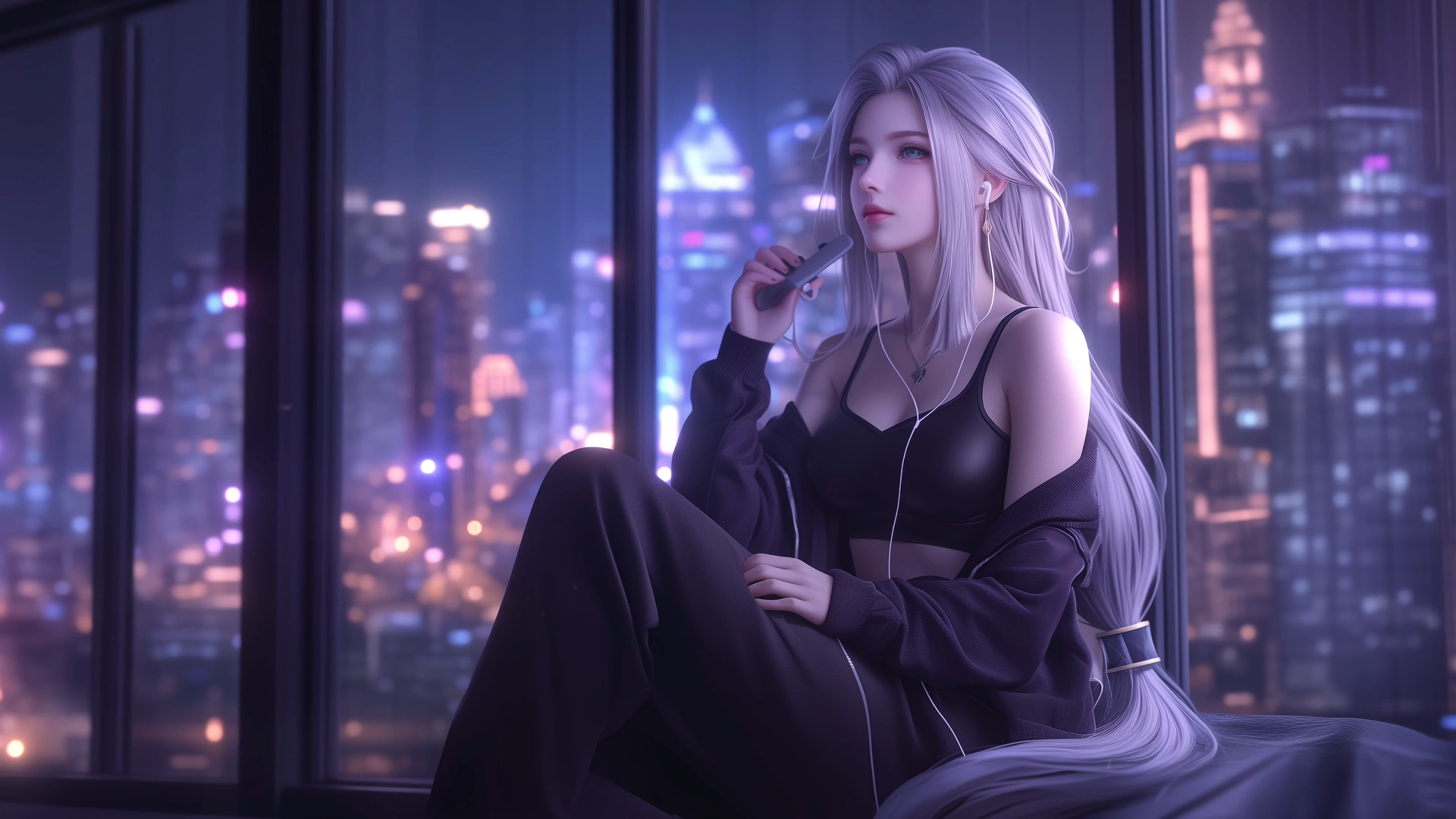 4k银灰发听歌少女壁纸｜都市夜景背景图片 – 静听-达人圈壁纸