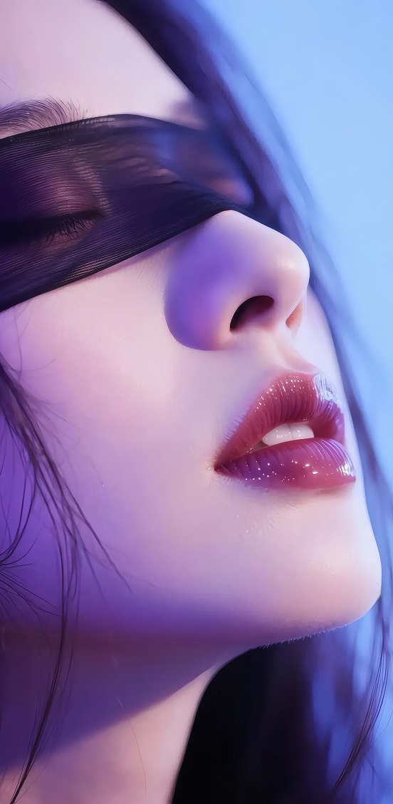 蒙眼红唇女性 梦幻蓝紫调氛围感壁纸-达人圈壁纸
