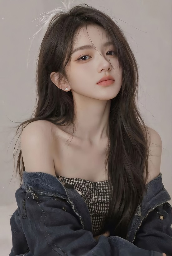 清冷长发女生牛仔外套格纹抹胸壁纸 ins风写真-达人圈壁纸