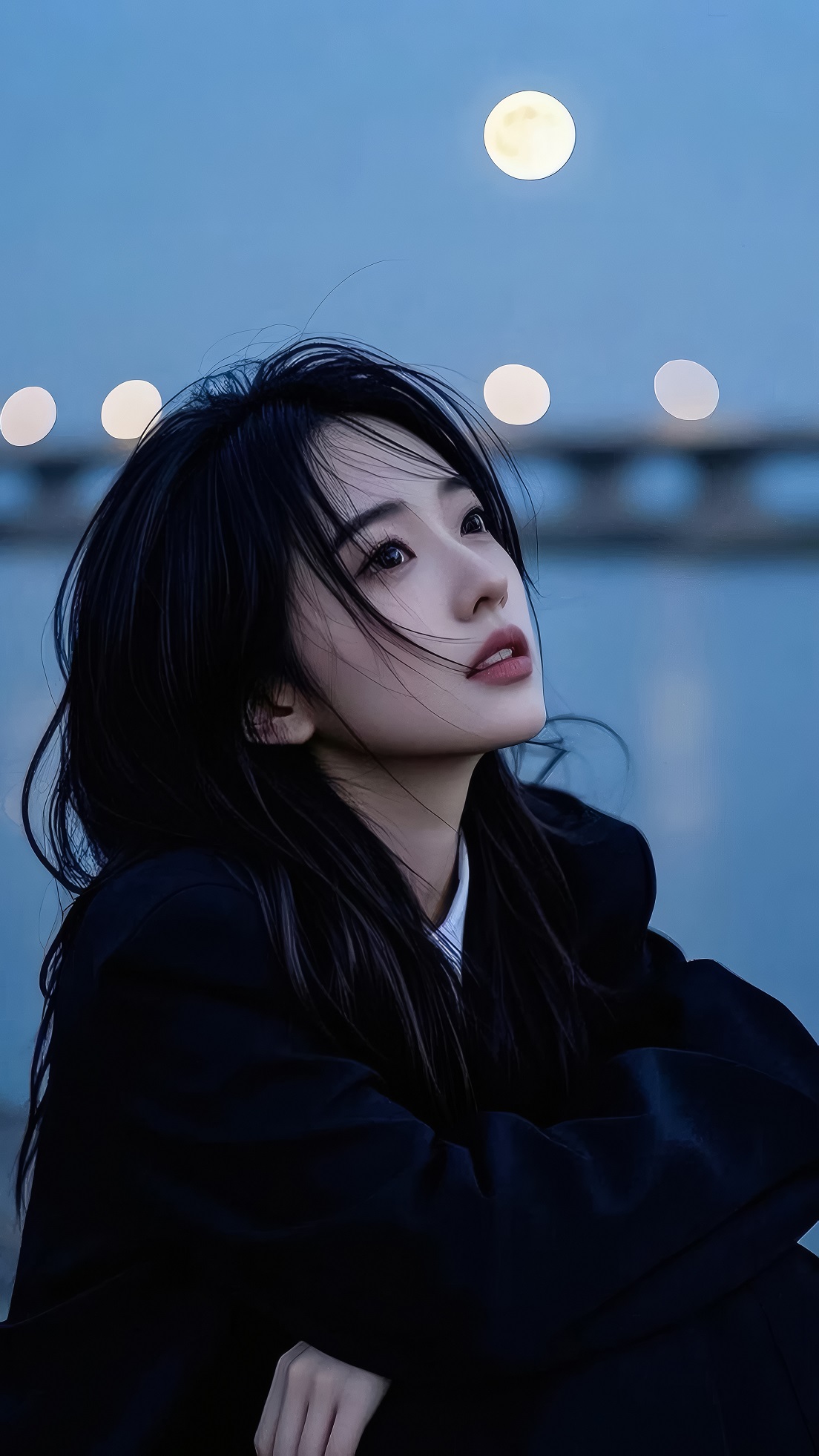 清冷系长发少女·月夜江景 氛围感 手机壁纸热选-达人圈壁纸