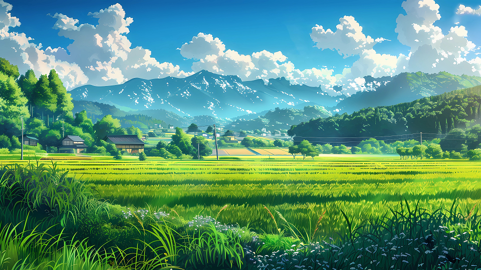 4k绿色小镇田野壁纸｜自然风景背景+-+山脉蓝天-达人圈壁纸