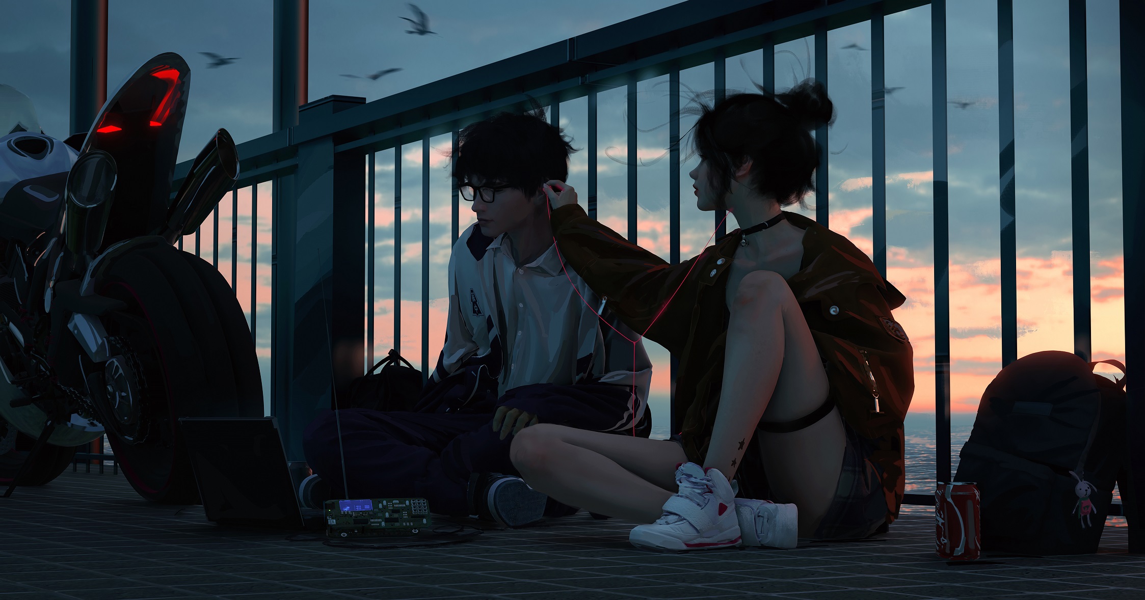 黄昏海边耳机共享·眼镜帅哥摩托宽屏 电脑壁纸-达人圈壁纸