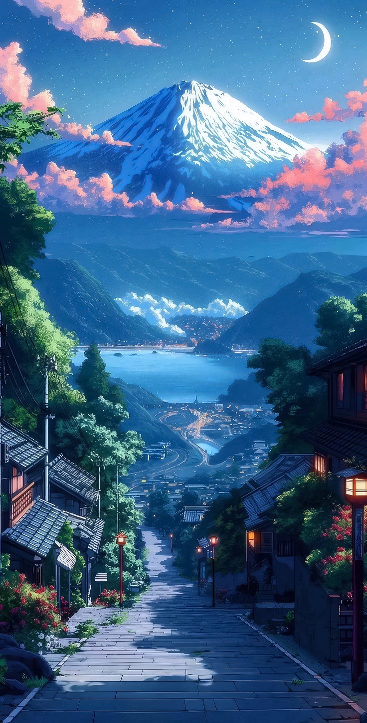 二次元唯美富士山日式小镇月夜 日系静谧风景壁纸-达人圈壁纸