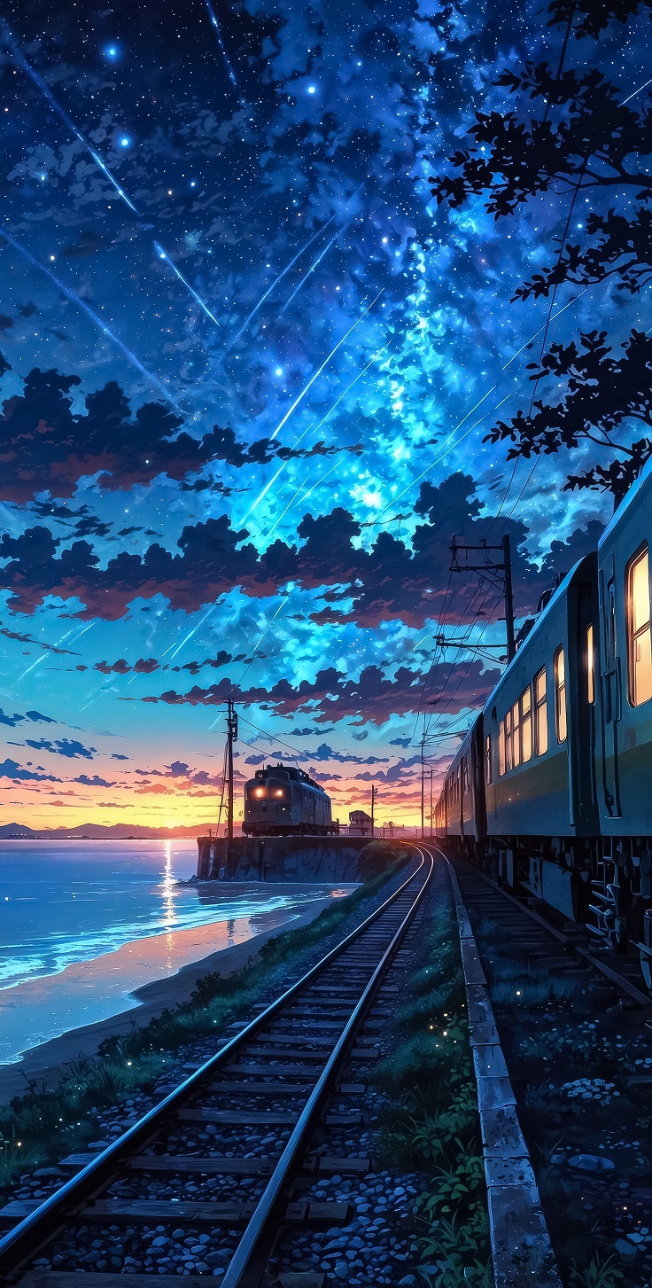 海边铁道星空列车 唯美日系新海诚风动漫壁纸 超美星空列车-达人圈壁纸