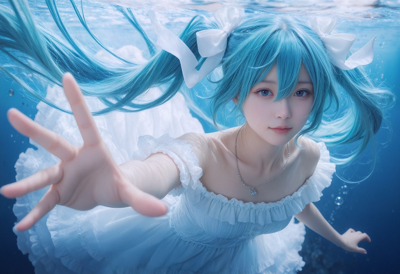 3k初音壁纸｜水下背景图片 – 白裙美少女-达人圈壁纸