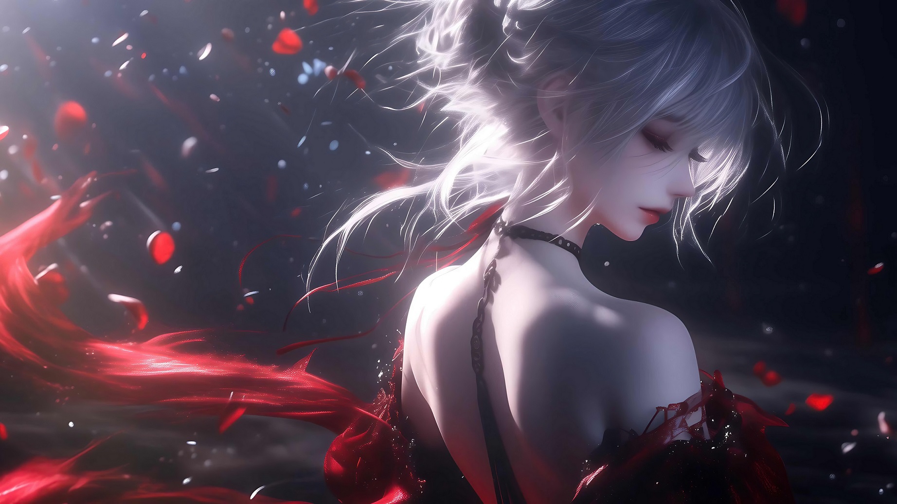 6k玫瑰少女壁纸｜红色花瓣背景图片 – 白发红衣少女-达人圈壁纸