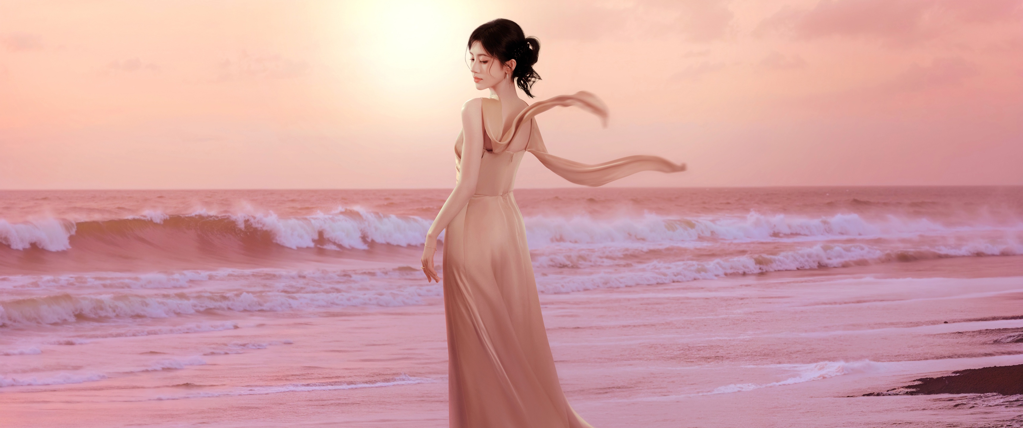 3k海边长裙女性壁纸｜粉色背景图片 - 日落海浪-达人圈壁纸