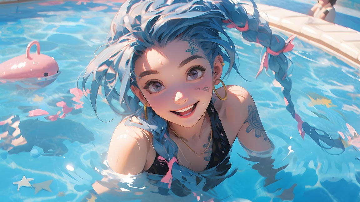 泳池美女，清澈泳池里，梳着麻花辫，一脸笑容看着你的金克斯（金克丝）高清AI 电脑壁纸-达人圈壁纸