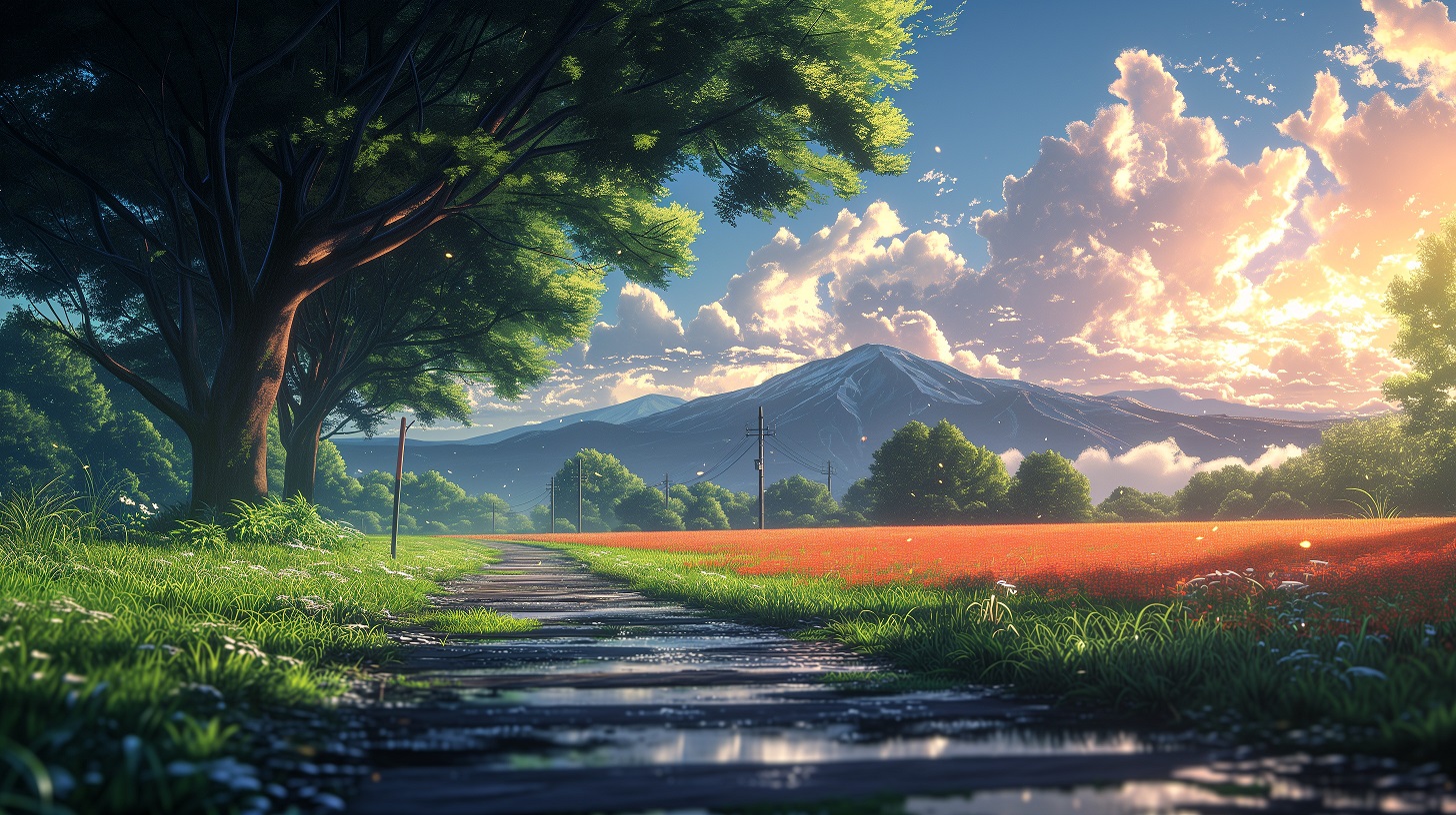 3k漫画风景壁纸｜田园道路背景 - 花田山脉-达人圈壁纸