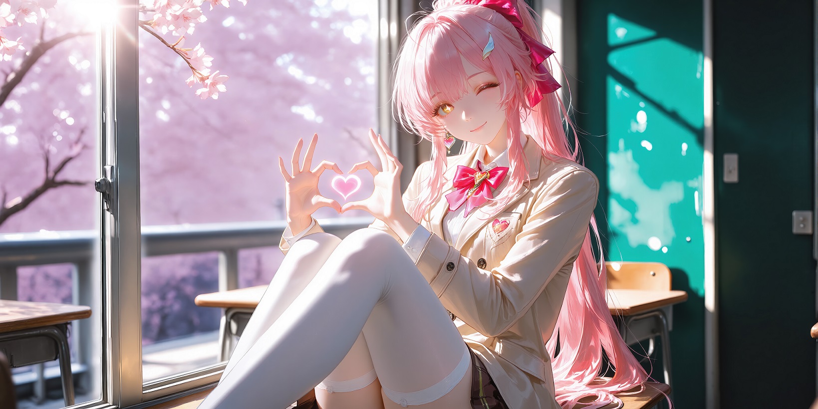 樱窗下的粉发少女，指尖藏着春日的温柔-达人圈壁纸